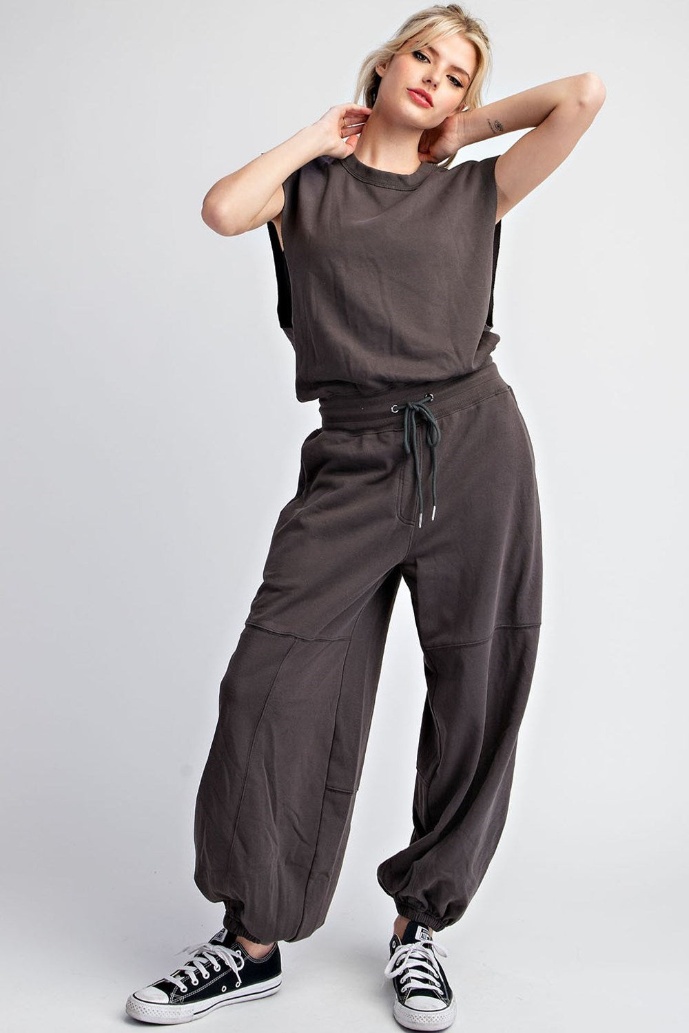 Mineral Washed Open Back Jumpsuit in Ash Black