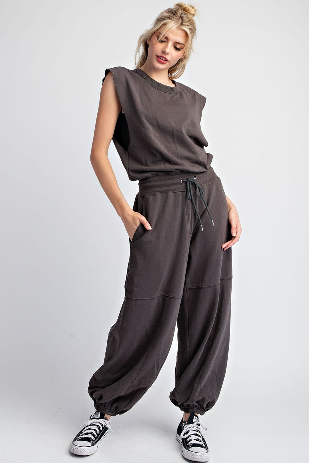 Mineral Washed Open Back Jumpsuit in Ash Black