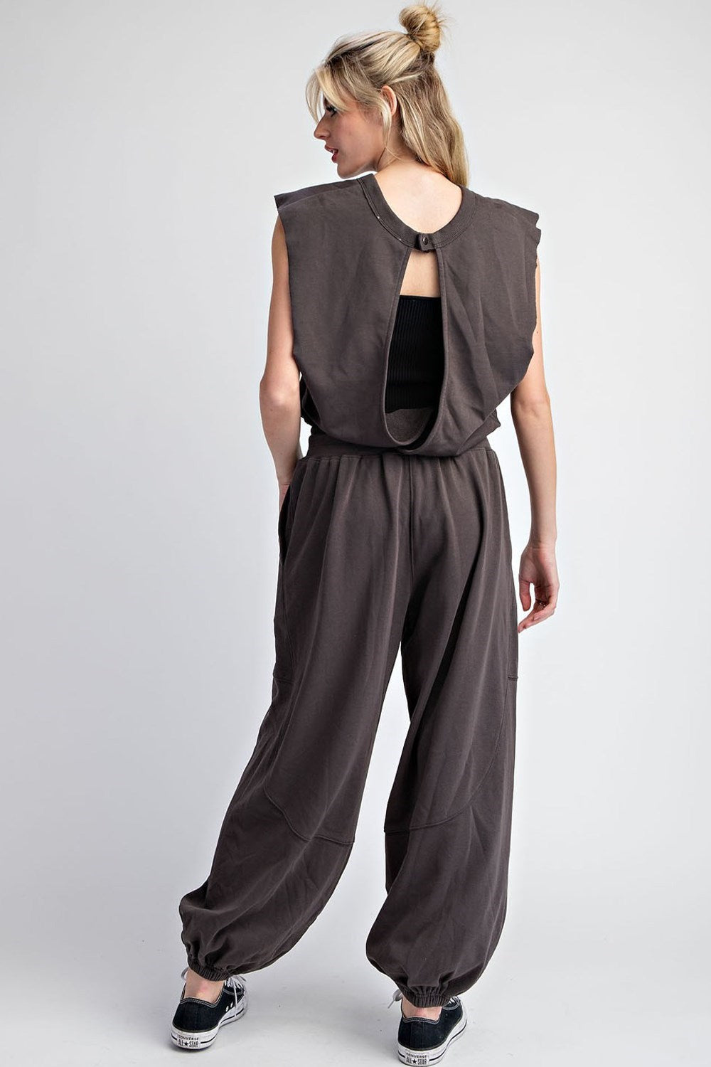 Mineral Washed Open Back Jumpsuit in Ash Black