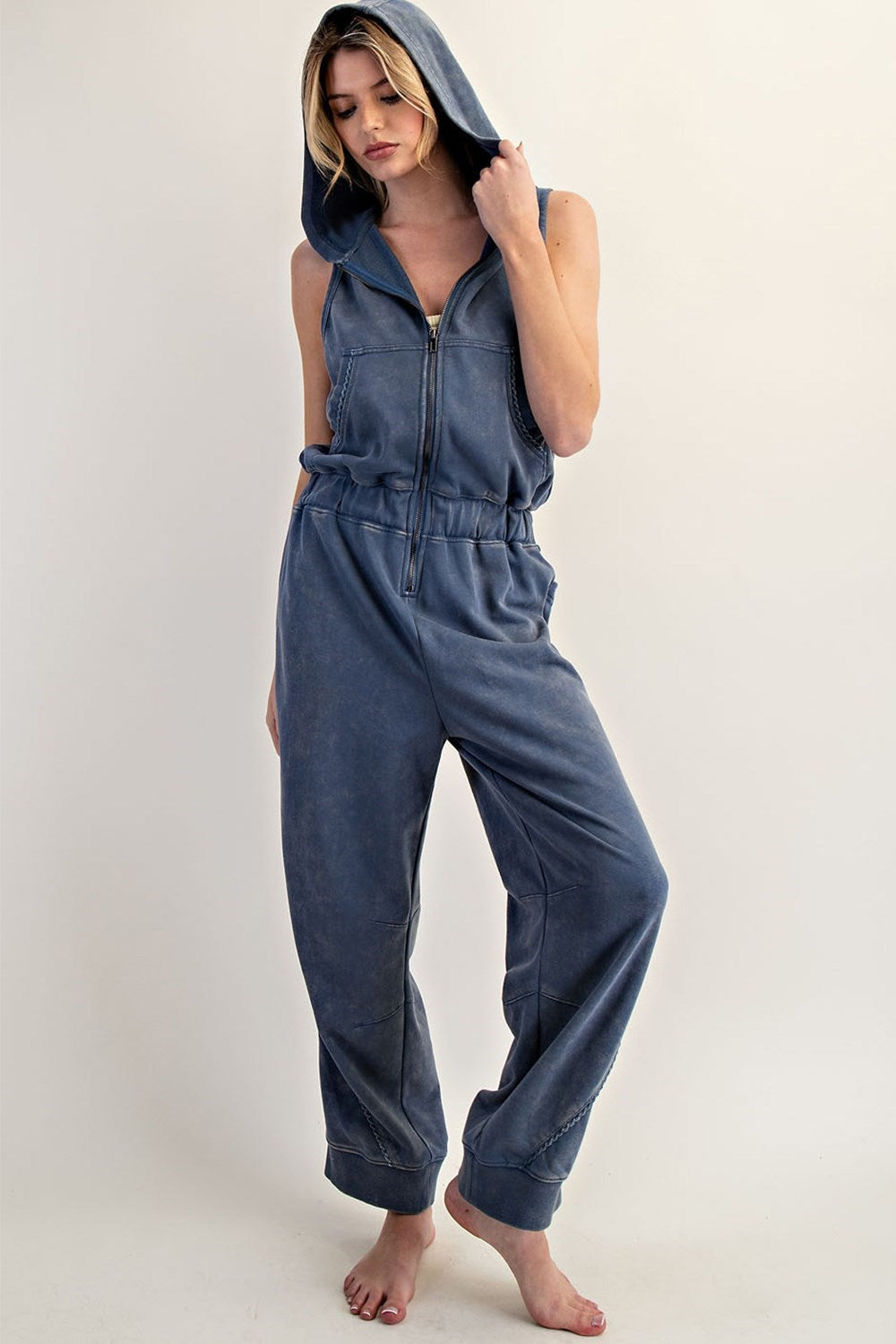 Hooded Jogger Jumpsuit in Denim