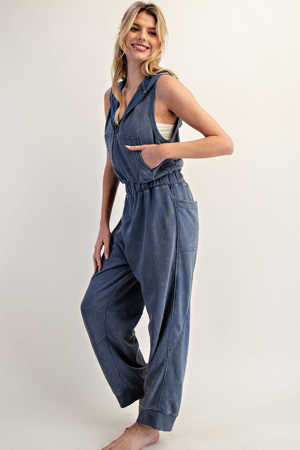Hooded Jogger Jumpsuit in Denim