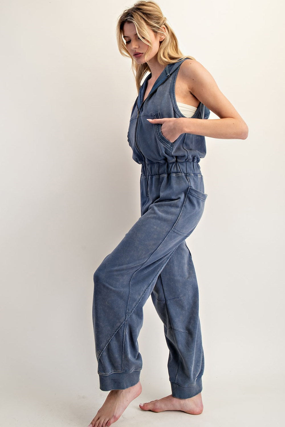 Hooded Jogger Jumpsuit in Denim
