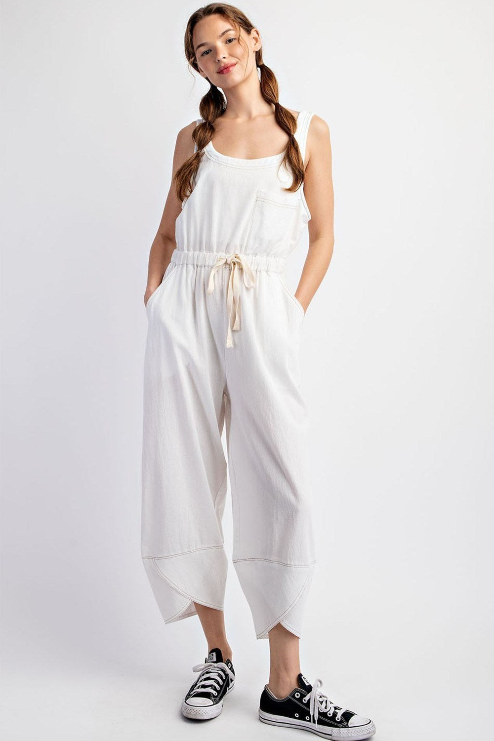 Mineral Washed Waist Tie Jumpsuit in White