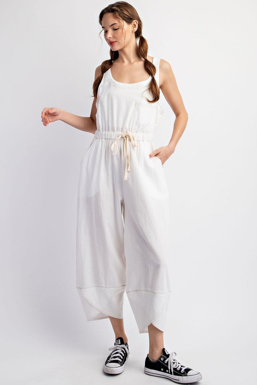 Mineral Washed Waist Tie Jumpsuit in White