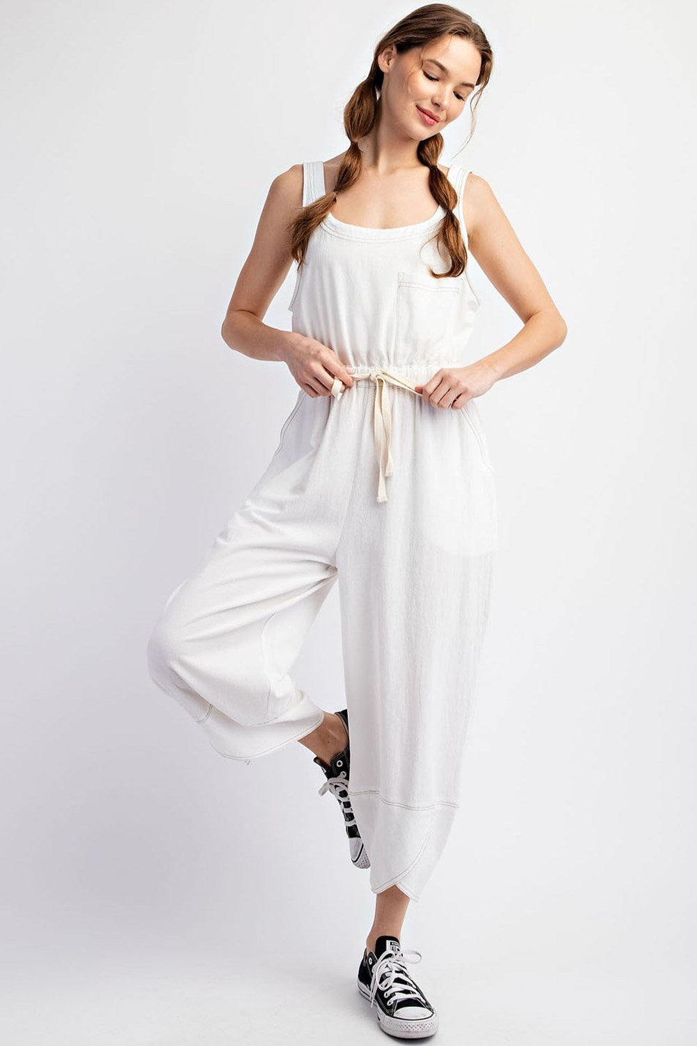 Mineral Washed Waist Tie Jumpsuit in White