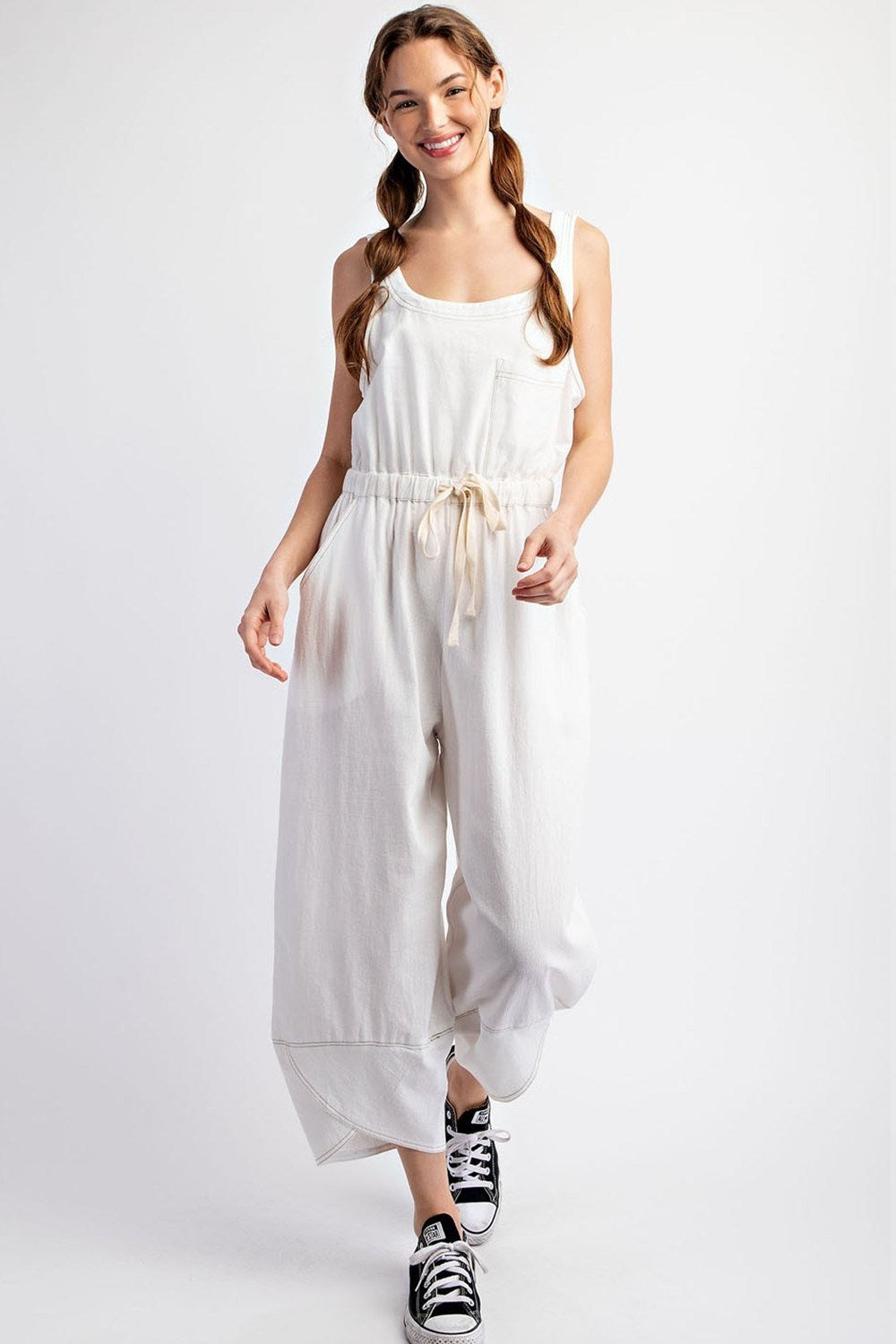 Mineral Washed Waist Tie Jumpsuit in White