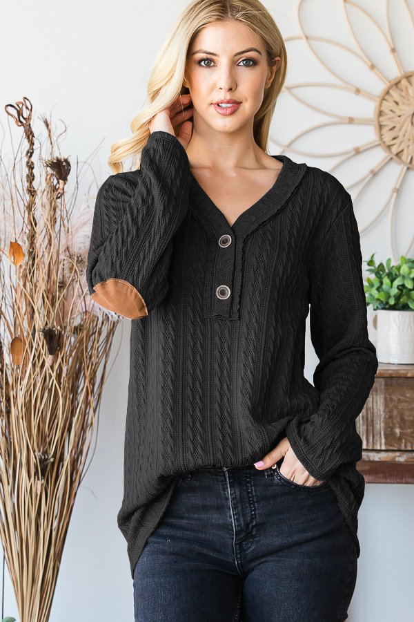 Long Sleeve V-Neck Solid Texture With Elbow Patch