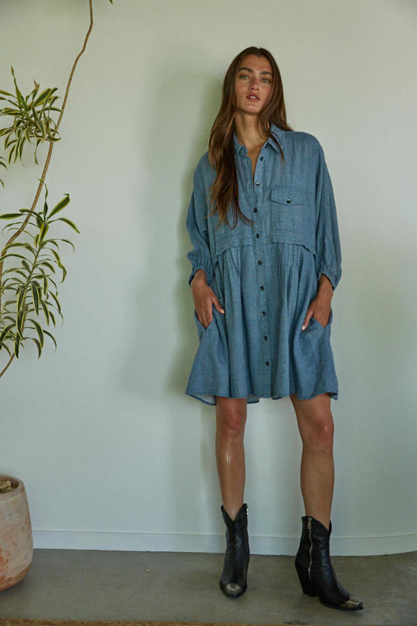 Button Down Mini Dress in Denim Blue by By Together