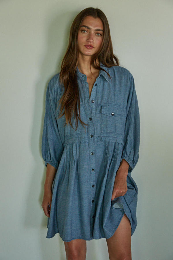 Button Down Mini Dress in Denim Blue by By Together