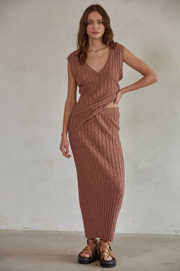 Knit Ribbed Vest and Skirt Set in Rust