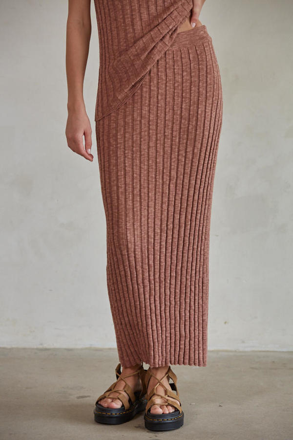 Knit Ribbed Vest and Skirt Set in Rust
