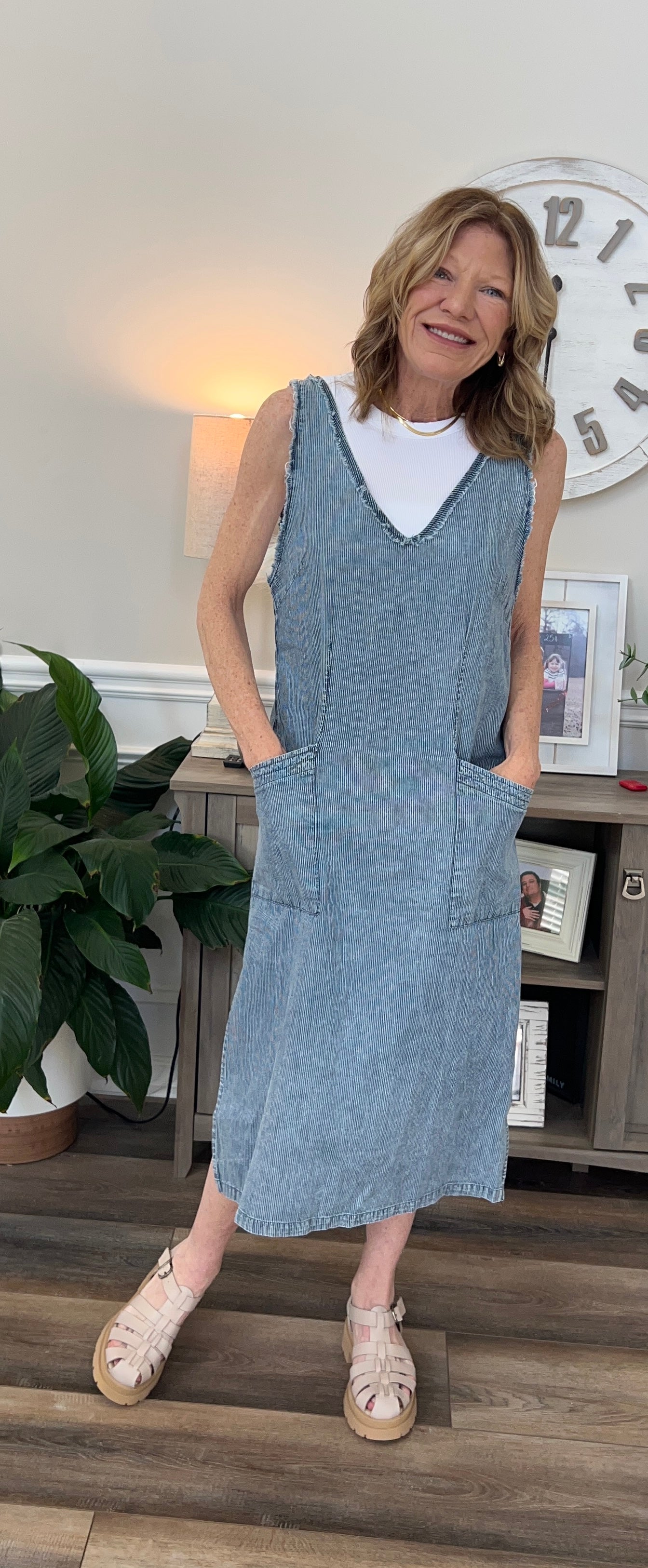 Stonewash Pinstripe Midi Dress