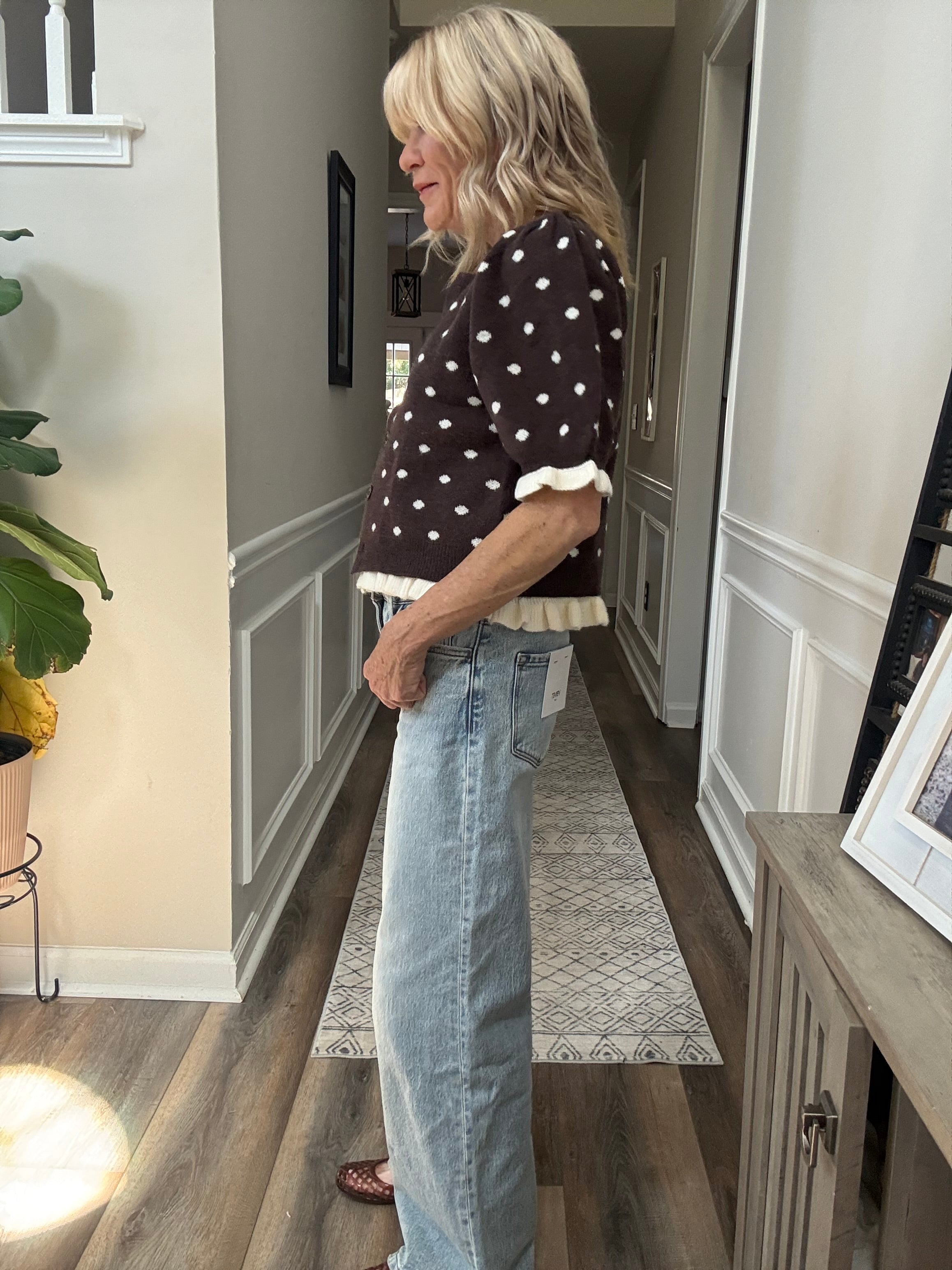 Ruffled Polka Dot Cardigan in Brown