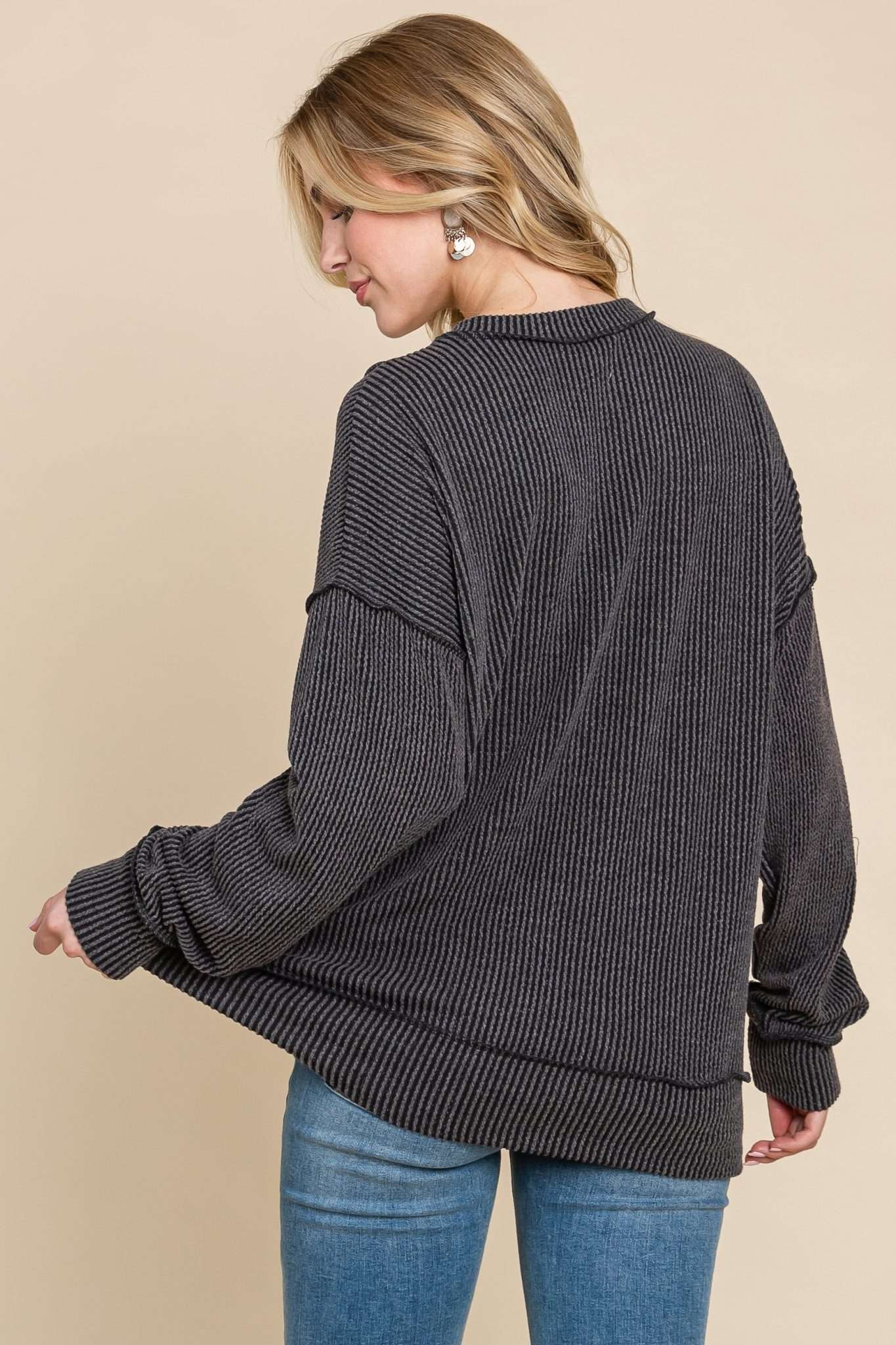 Ribbed Crew Neck With Exposed Stitching Charcoal
