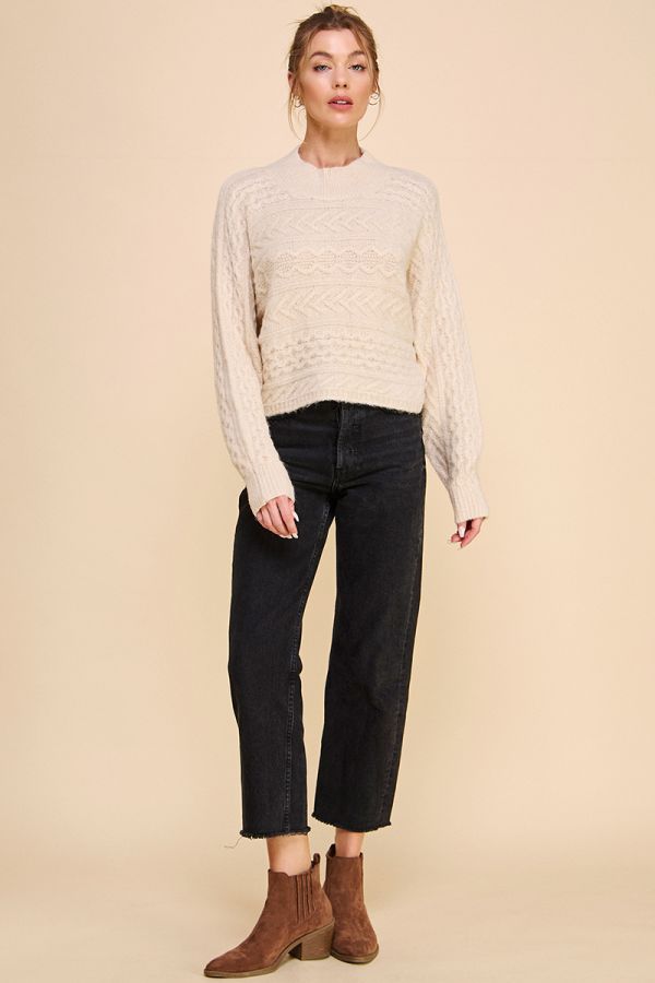 Cable Knit Mock Neck in Sand Beige