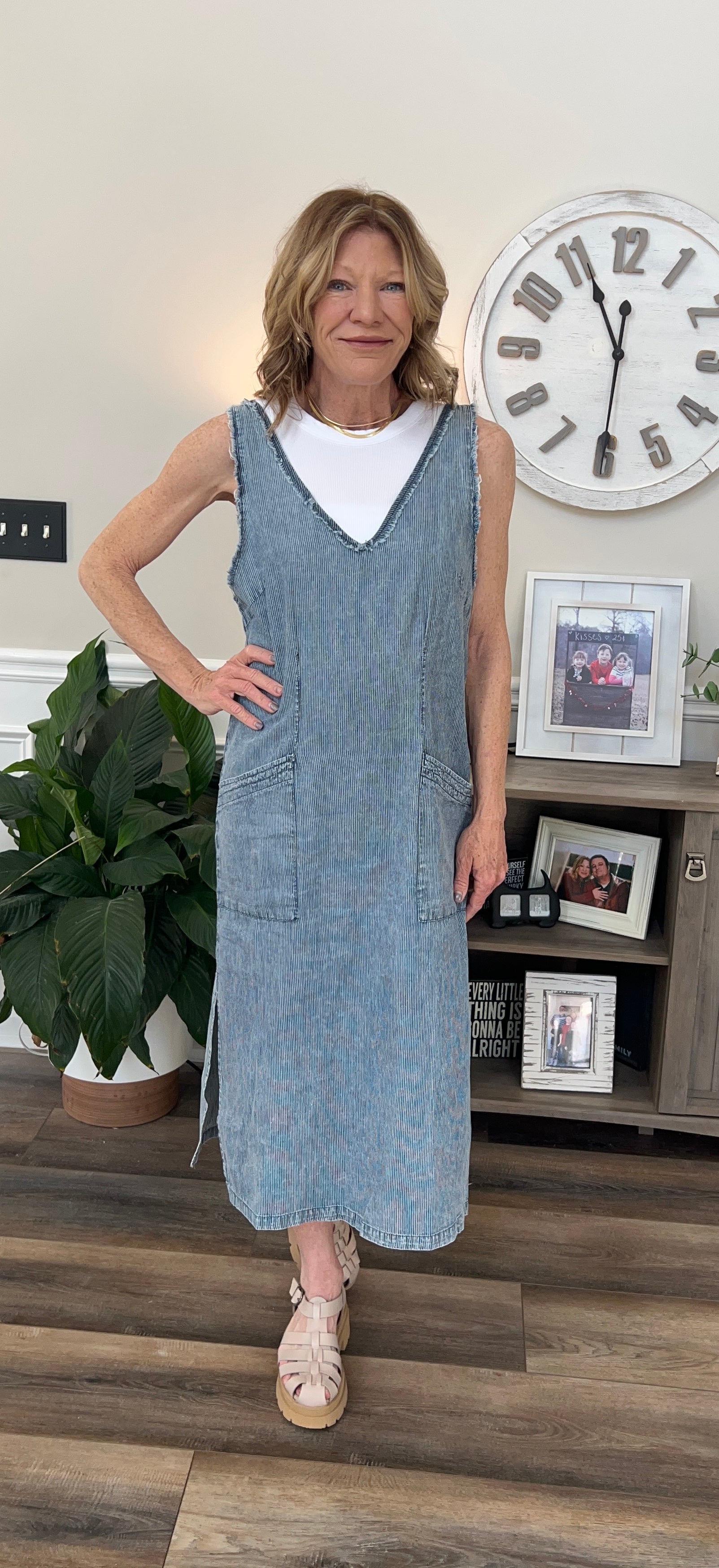Stonewash Pinstripe Midi Dress