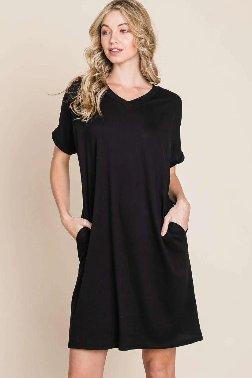 V-neck Baby Terry Dress in Black