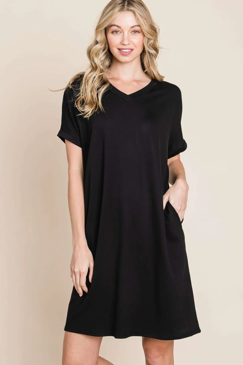 V-neck Baby Terry Dress in Black