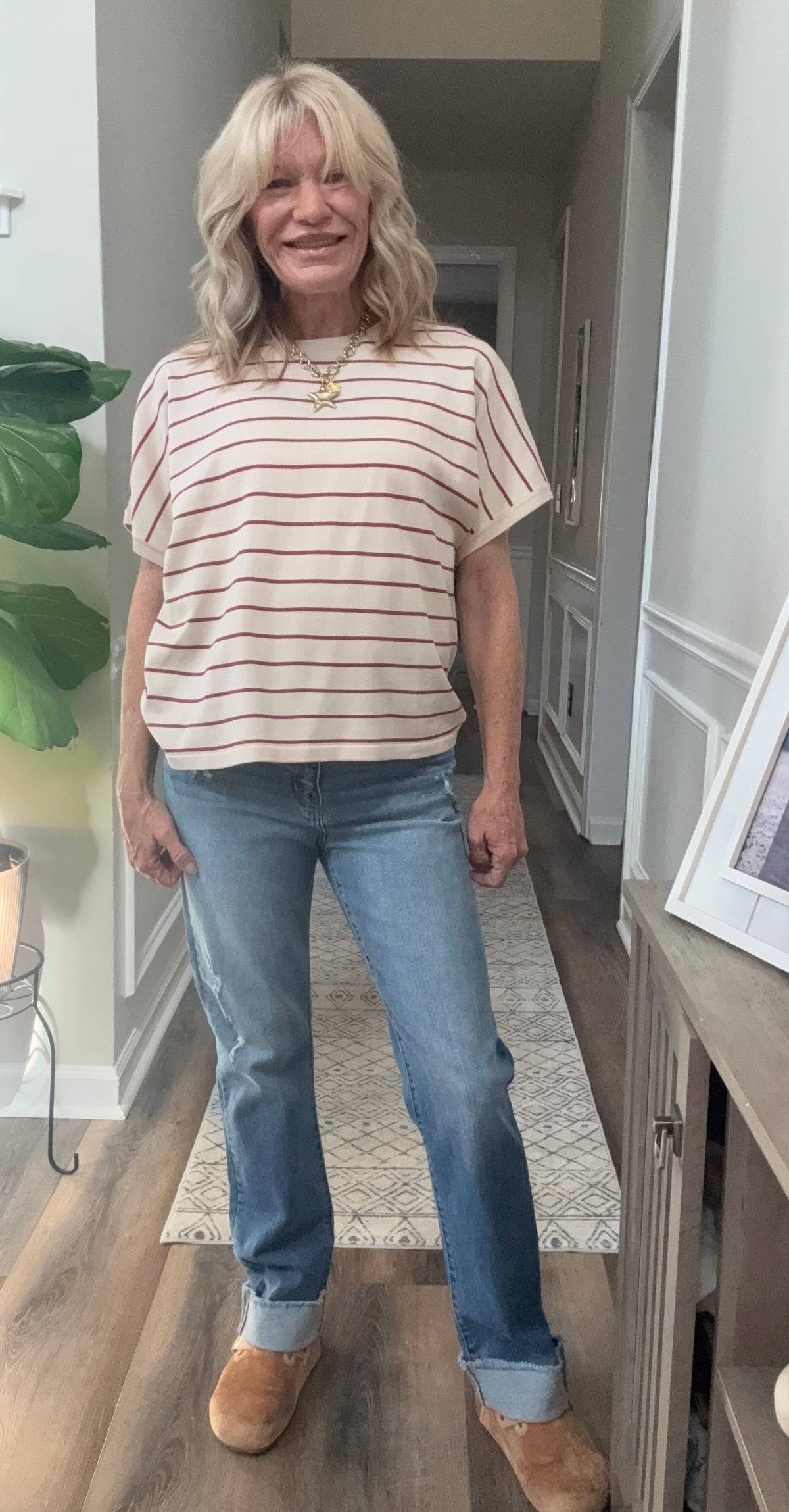 Stripe Boxy Top in Berry/Taupe
