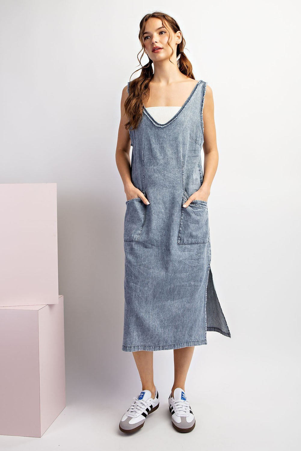 Stonewash Pinstripe Midi Dress