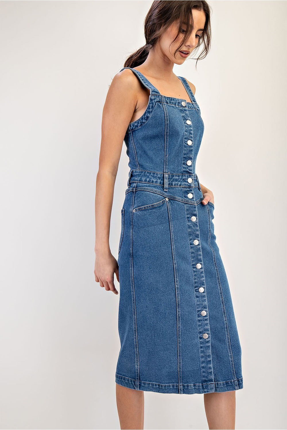 Mineral Washed Button Midi Denim Dress