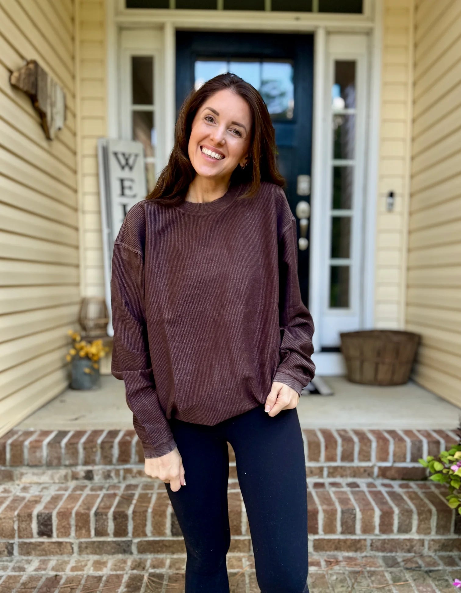 Long Sleeve Corded Crew in Chocolate