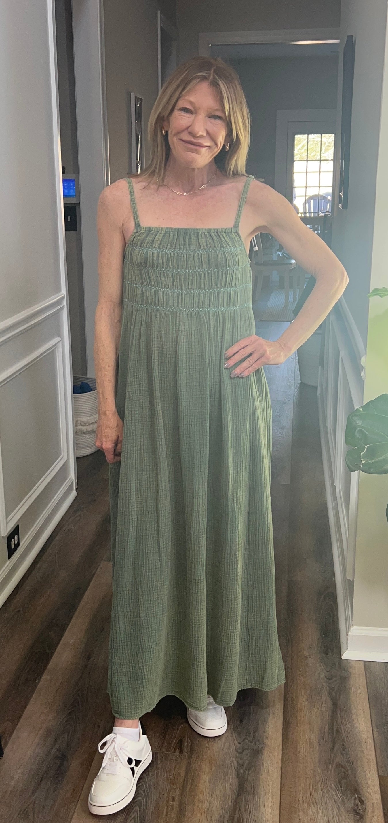 Smocked Overall Dress in sage leaf