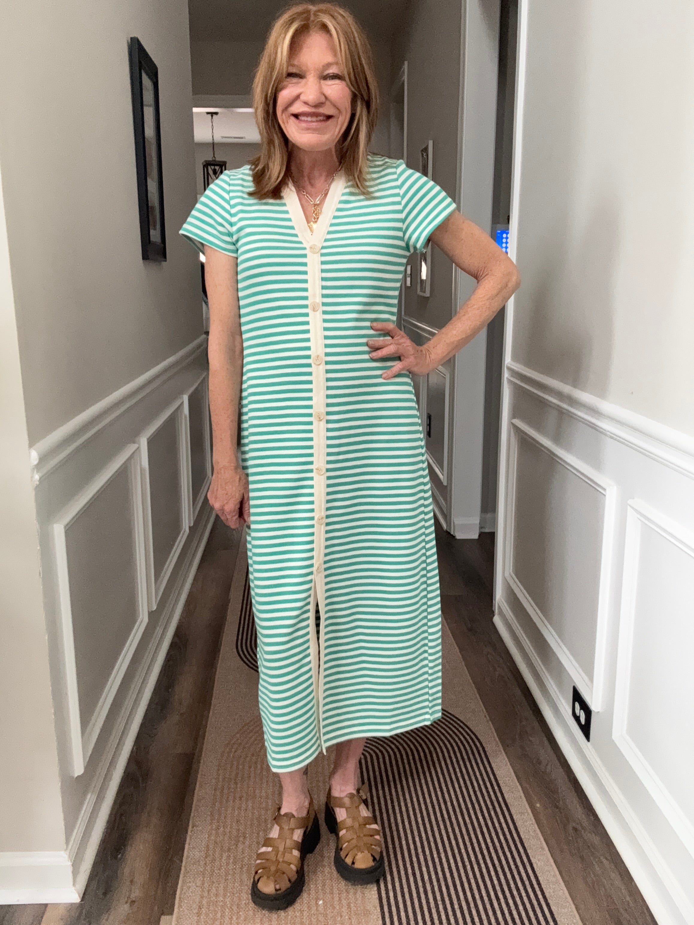 Stripe Button Down Dress in Jade