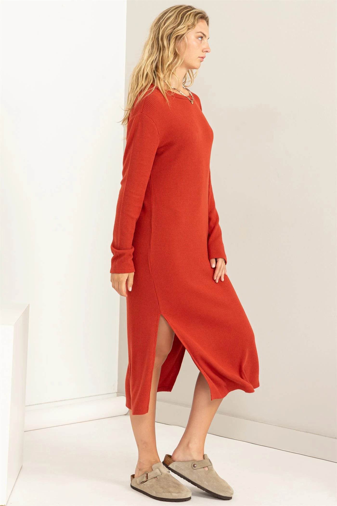 Ribbed Long Sleeve Midi Dress in Redwood