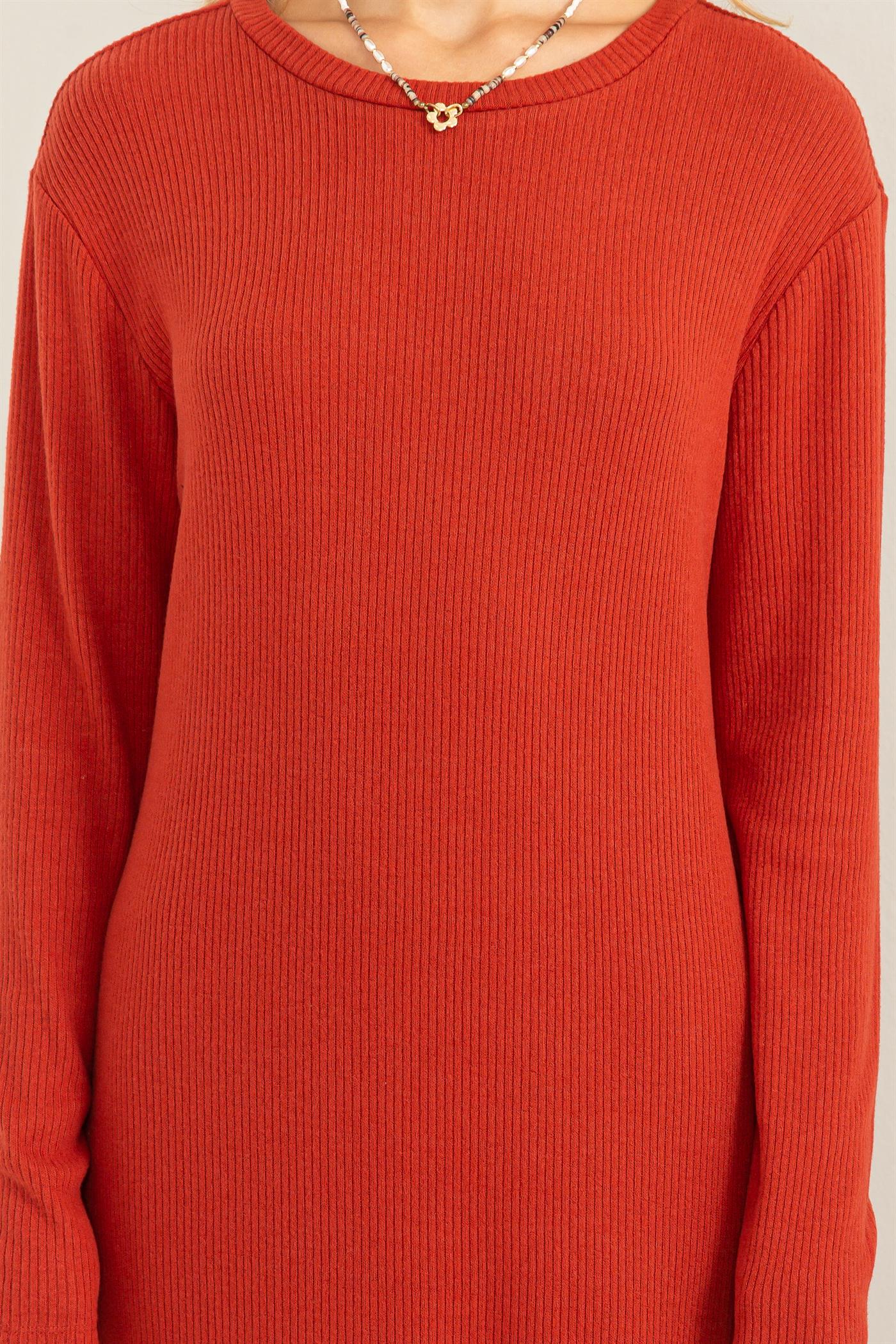 Ribbed Long Sleeve Midi Dress in Redwood