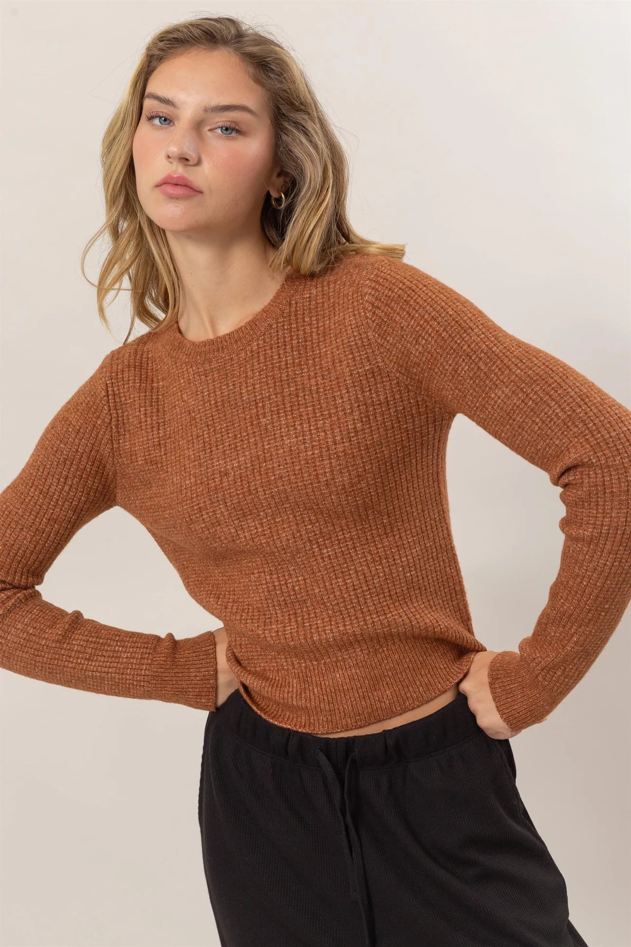 Long Sleeve Ribbed Top in Chocolate
