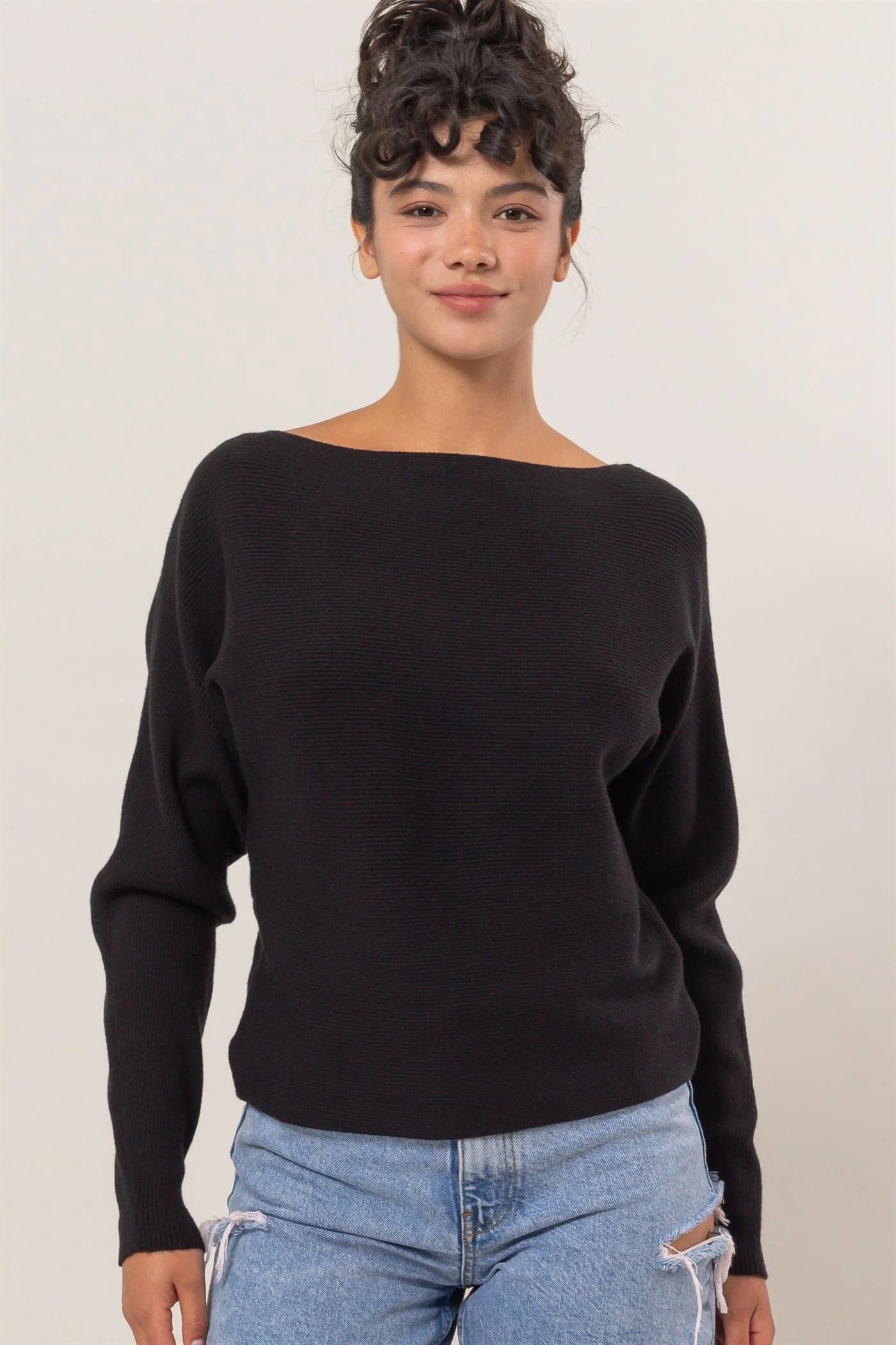 Long Sleeve Boatneck Top in Black