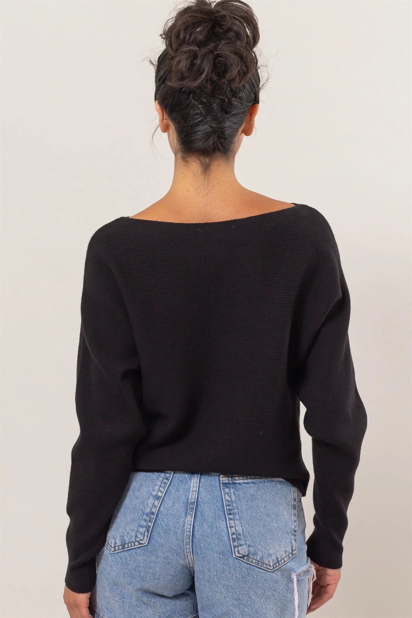 Long Sleeve Boatneck Top in Black