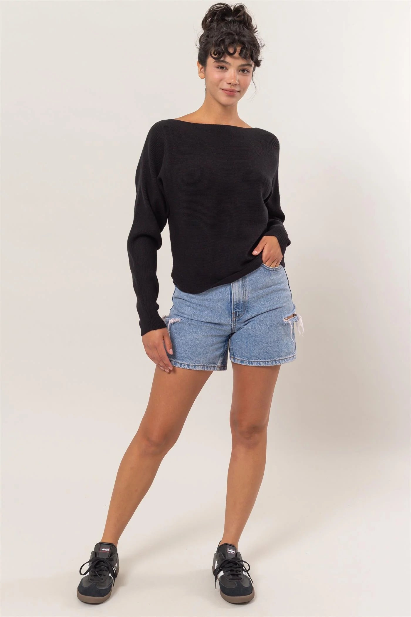 Long Sleeve Boatneck Top in Black