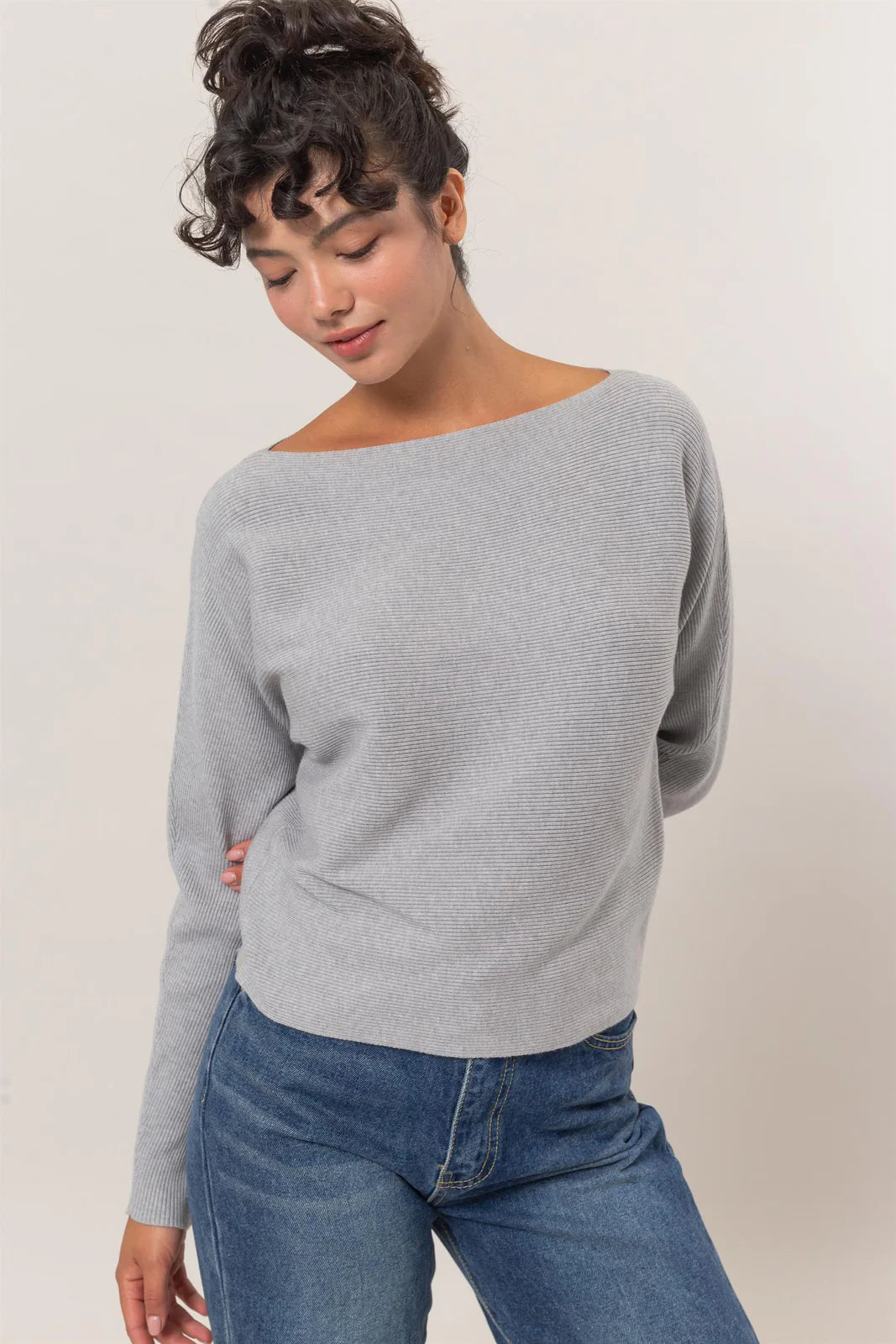 Long Sleeve Boatneck Top in Heathered Grey