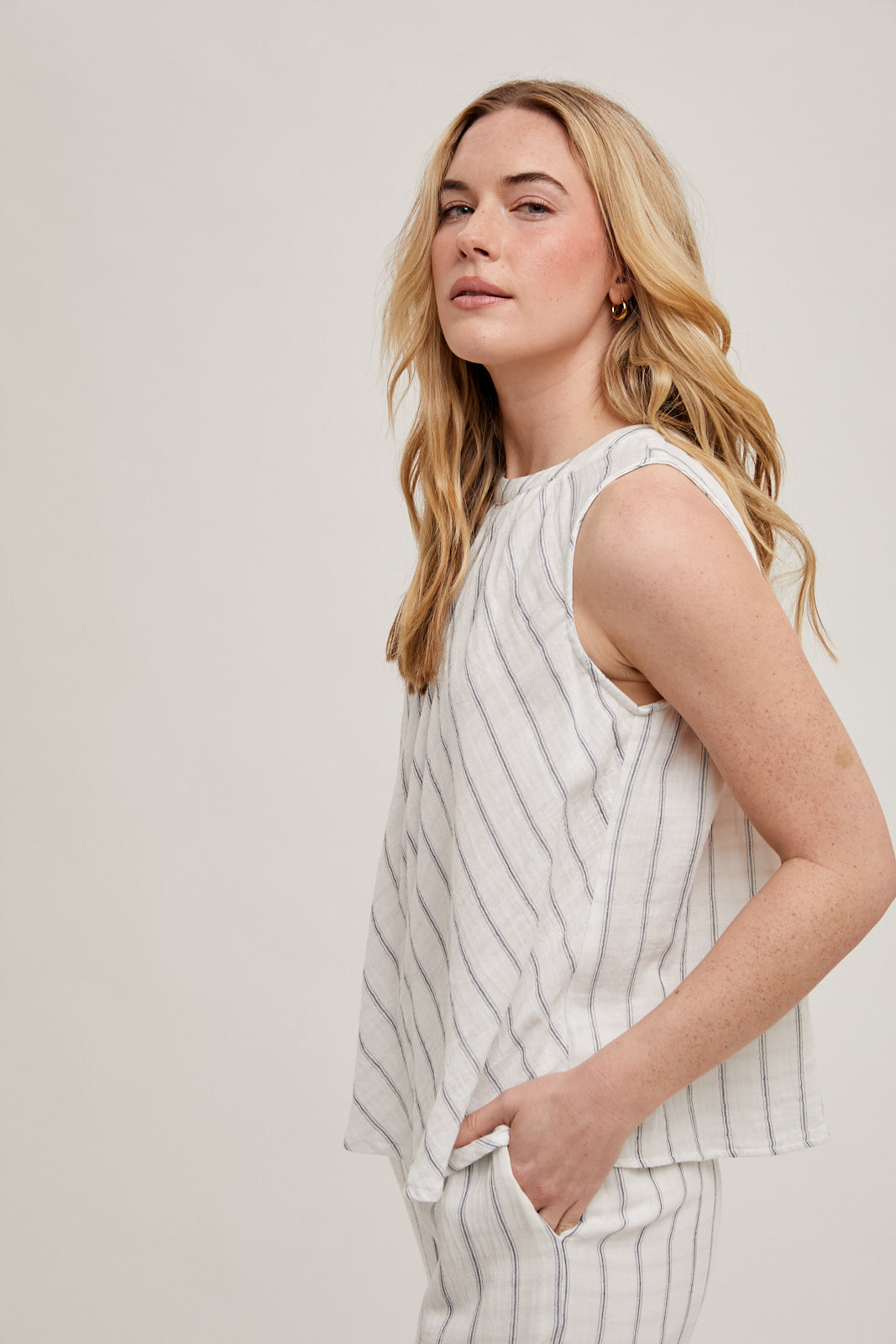 Cotton Stripe Sleeveless top in Navy and White