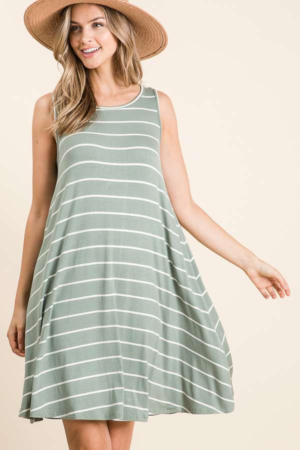Casual Striped Tank Dress in Sage