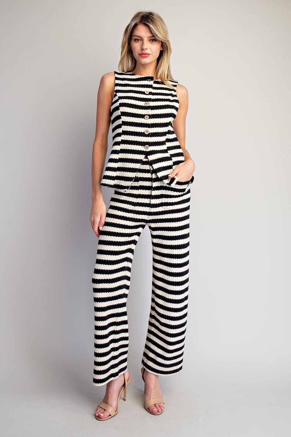 Scallop Striped Knit Button Down Vest