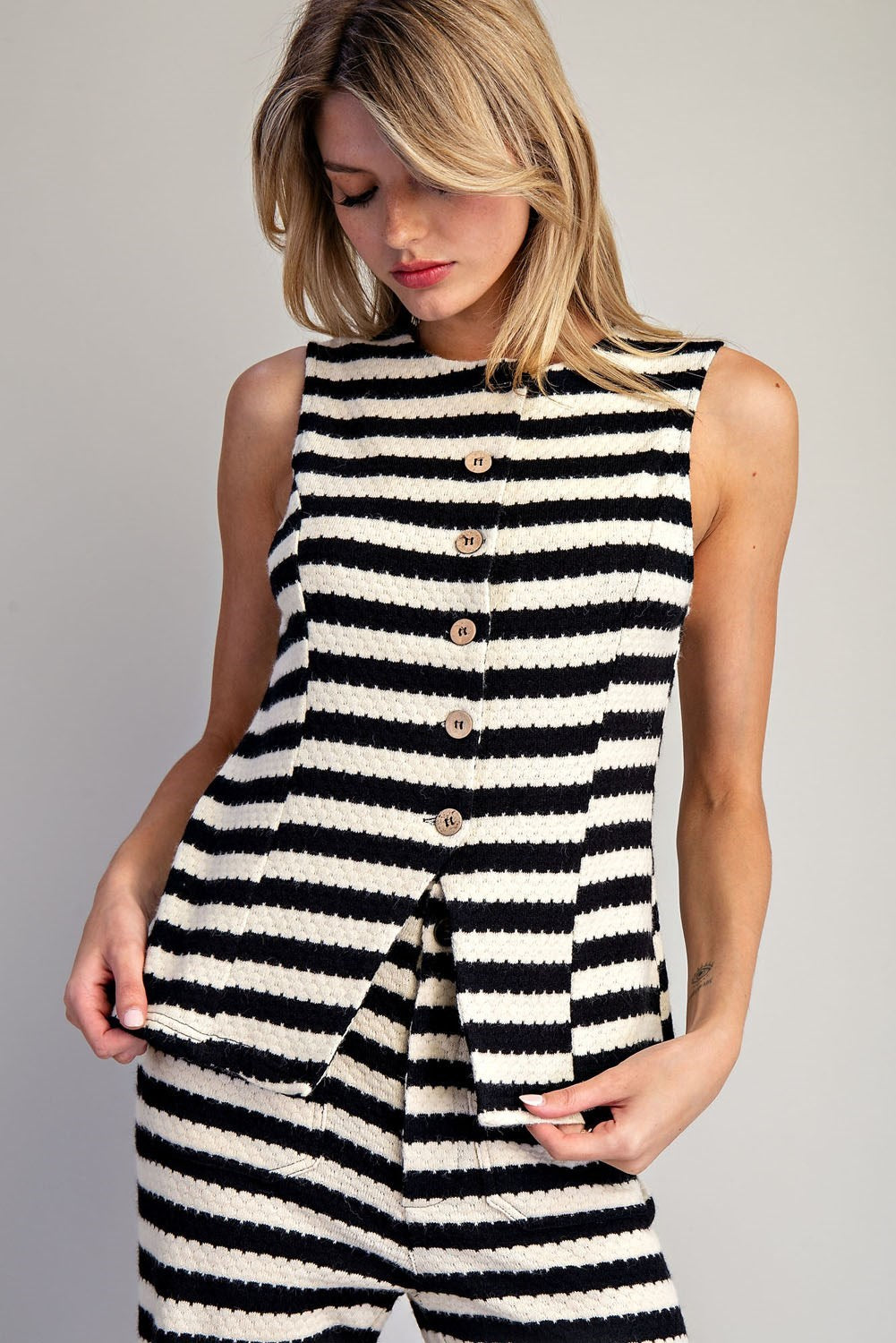 Scallop Striped Knit Button Down Vest