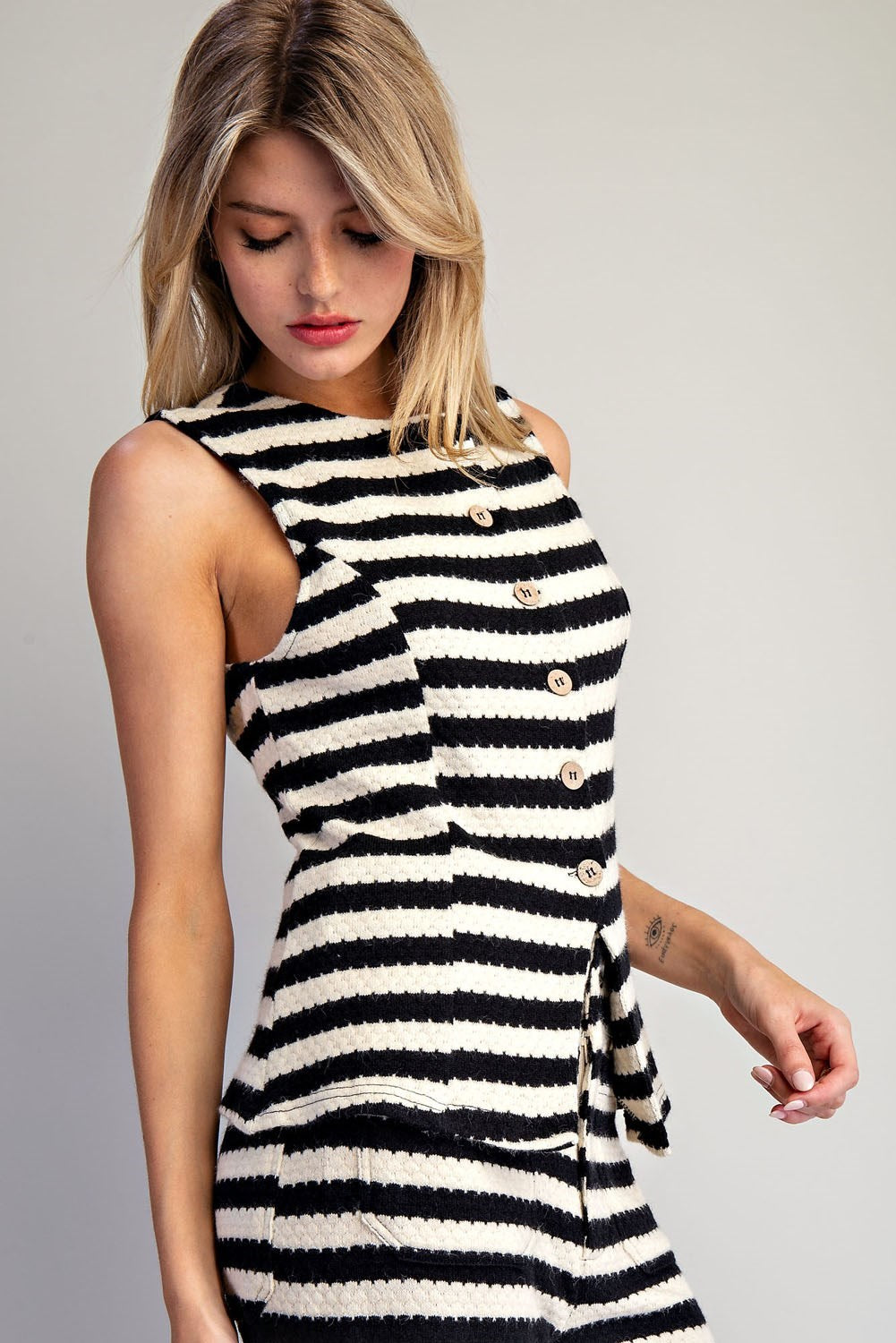 Scallop Striped Knit Button Down Vest