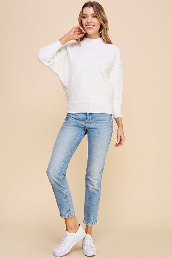 Jacquard Mock Neck Dolman Sweater in White