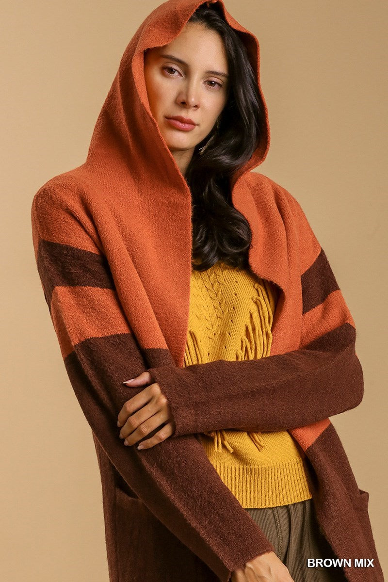 Color Block Hooded Cardigan in Brown Mix