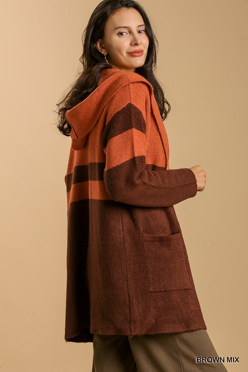 Color Block Hooded Cardigan in Brown Mix
