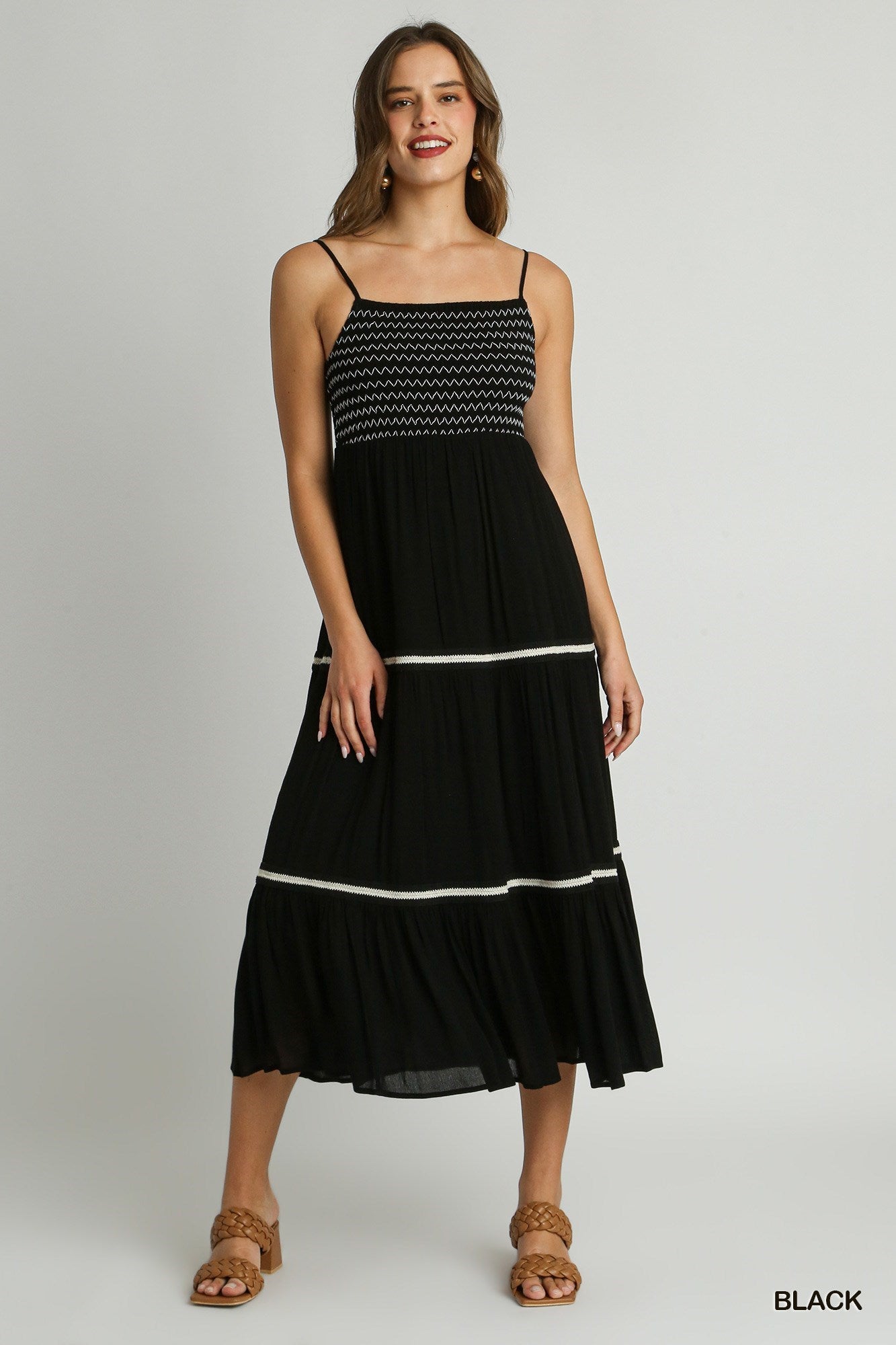 Smocked Contrast Midi Dress in Black and White