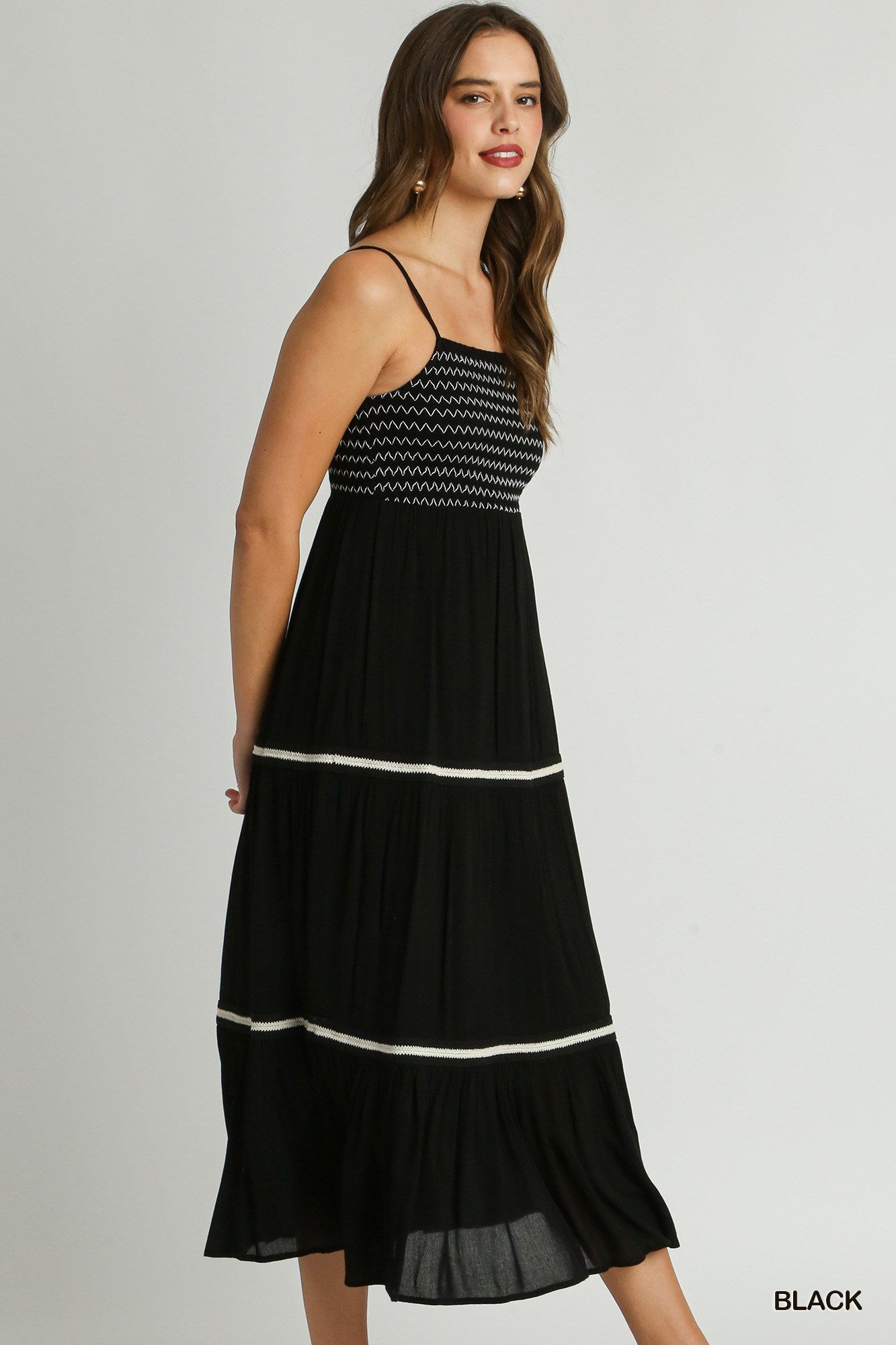 Smocked Contrast Midi Dress in Black and White