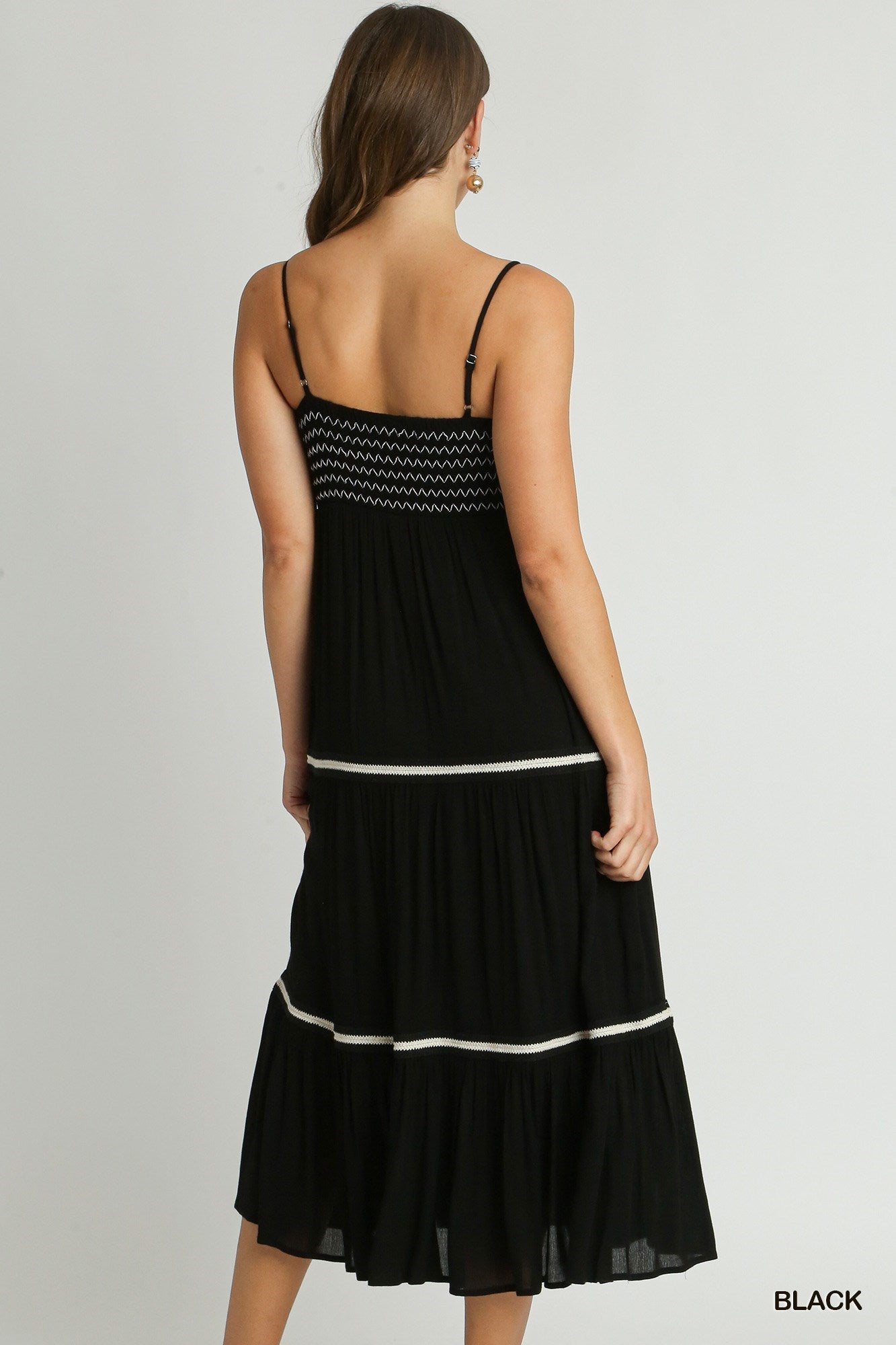 Smocked Contrast Midi Dress in Black and White