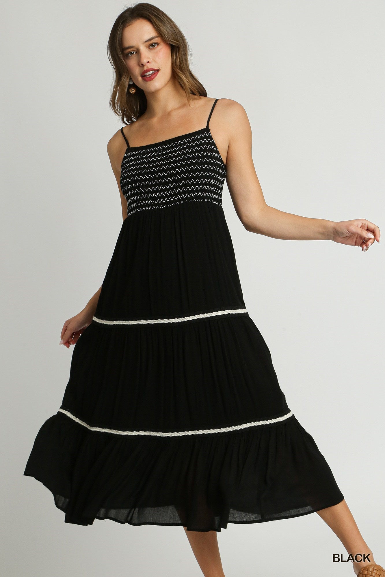 Smocked Contrast Midi Dress in Black and White