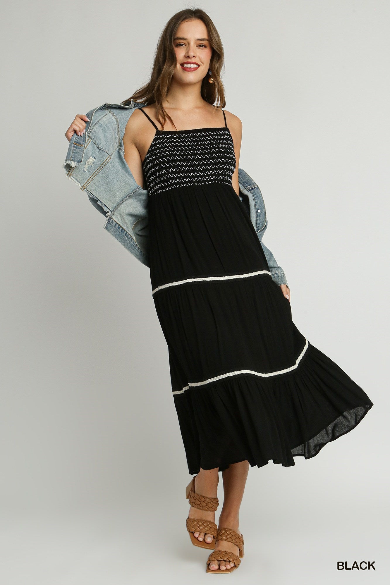 Smocked Contrast Midi Dress in Black and White