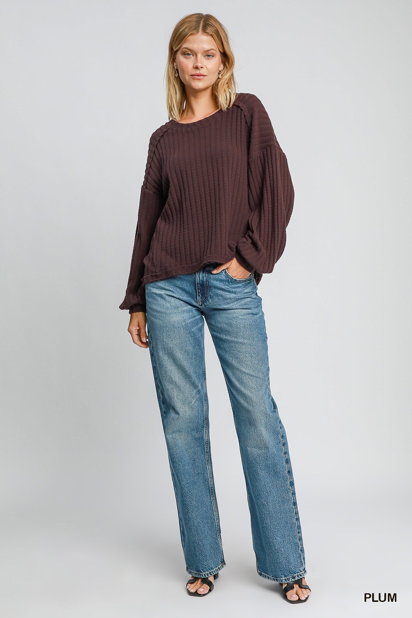 Brushed Wide Ribbed Sweater in Plum