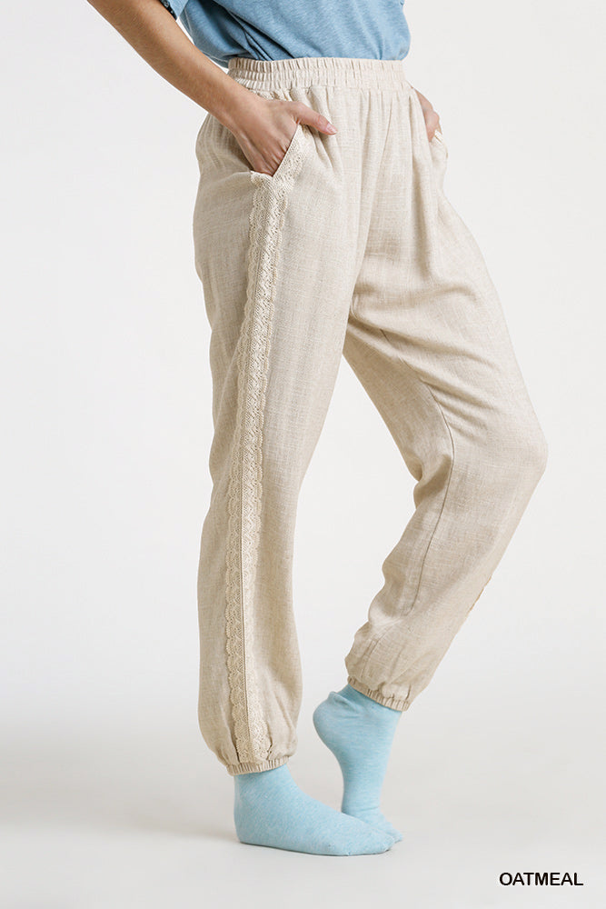 Linen Joggers with Side Lace in Oatmeal